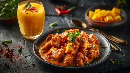 A delicious and healthy dinner of chicken curry with mango chutney