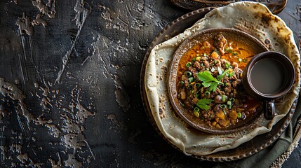 A dish of Ethiopian shiro with injera and a cup of traditional coffee