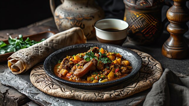 A dish of Ethiopian shiro with injera and a cup of traditional coffee