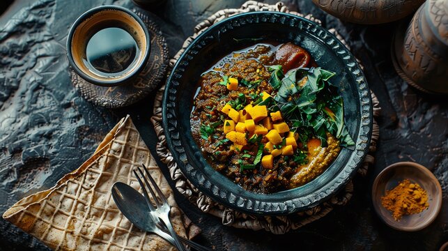 A dish of Ethiopian shiro with injera and a cup of traditional coffee