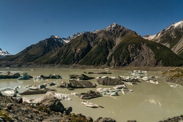 Majestic landscape of Icebergs in Tasman Lake in Aoraki Mt Cook National Park.