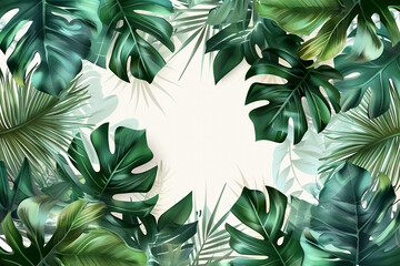Tropical frame with exotic jungle plants, palm leaves, monstera and place for text, transparent background 