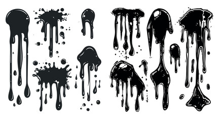 A dripping stain. Silhouette drip oil, black melting paint liquid, ink drop