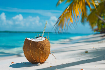 Tropical fresh coconut cocktail with straw on white beach with blue ocean and palm trees on the background, tropical,Holiday,resort concept 