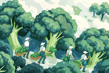 大きなブロッコリーと収穫する人たち-3