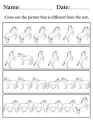 Horse Puzzle. Printable Activity Page for Kids. Educational Resources for School for Kids. Kids Activity Worksheet. Find the Different Object