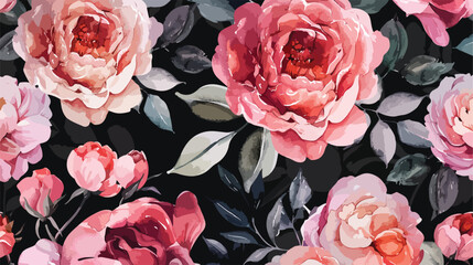 Seamless watercolor black background floral pattern.