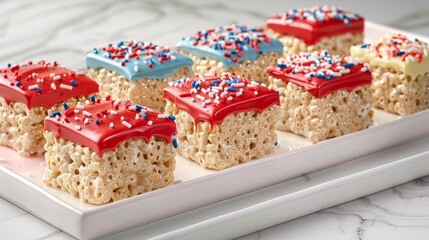 Patriotic Rice Krispie Treats with Red, White, and Blue Frosting