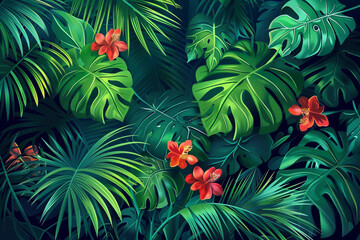 Tropical Paradise Lush Greenery and Exotic Plants Illustration 