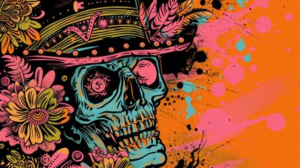 Vibrant Mexican Skull with Floral Patterns and Splashes