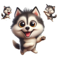 Funny and playful husky or pet dog is playing and jumping and looks happy isolated on transparent background. Little husky dog pretending. Cute and happy crazy dog ​​head smiling on transparent png
