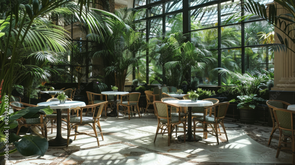 Wall mural cozy interior of a cafe in french style, glass table, large plants. design and interior concept.