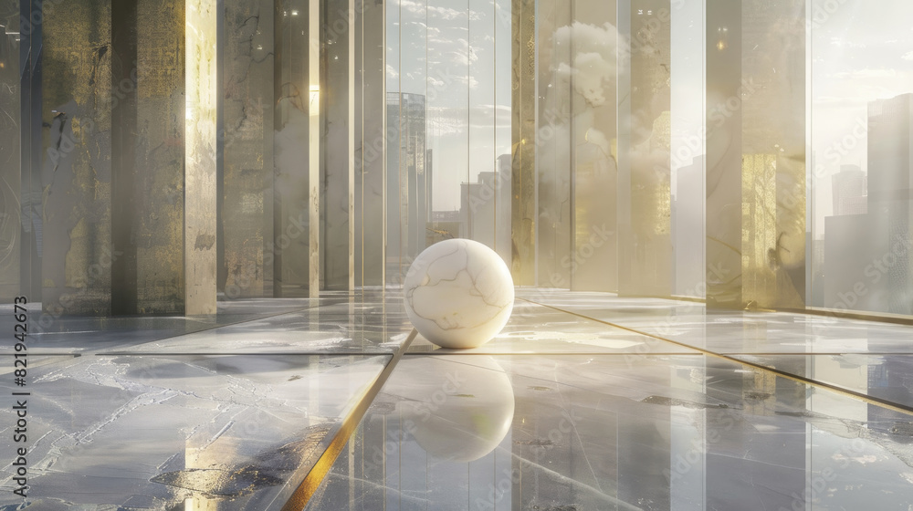 Poster a white ball rests on a smooth marble floor, creating a stark contrast between the round object and 