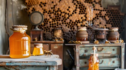 An artisanal honey display against vintage beekeeping gear showcases traditional craftsmanship.