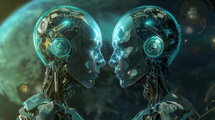 Two robot heads with blue eyes and green bodies. The robots' heads look at each other. Technology concept.