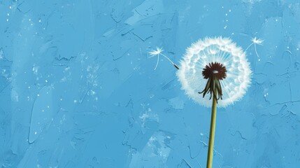 Detailed view of a dandelion on a richly textured blue painted background, highlighting its intricate structure.