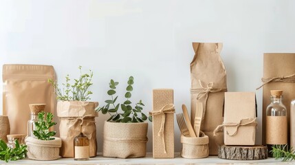 eco packaging brown cardboard boxes and containers, likely packaging prototypes. on white background.