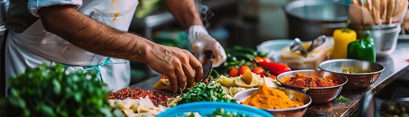 A highangle shot of an Indian street food vendor preparing samosas, with colorful spices and fresh herbs displayed in the background - Powered by Adobe