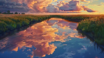 Tranquil river reflecting the clouds and colors of the sky, offering a peaceful escape into nature's beauty.