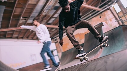 Urban Skateboarding Duo Performing Tricks at a Skatepark