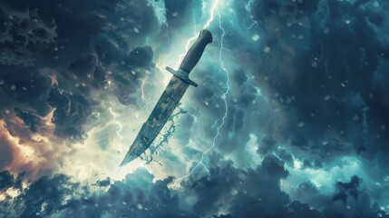 Striking down with lightning power, a rustic knife symbolizes swift justice, set against a stormy sky, capturing drama and majesty