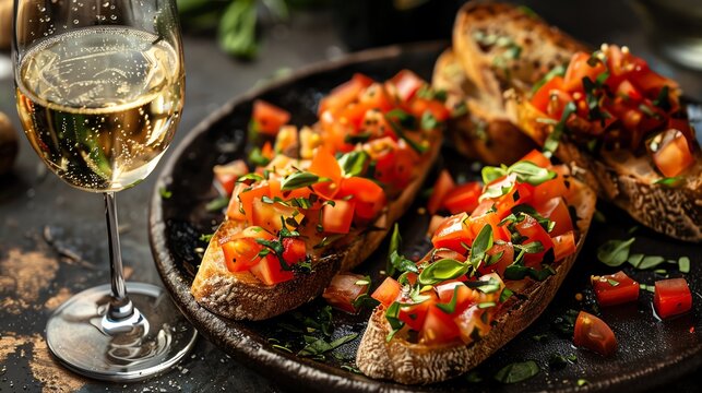 A delicious bruschetta with fresh tomatoes, basil, and olive oil. Perfect for a summer snack or appetizer.
