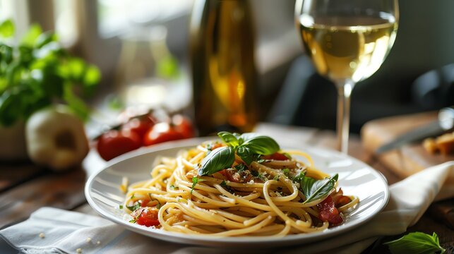 A plate of Italian spaghetti carbonara paired with a glass of crisp white wine