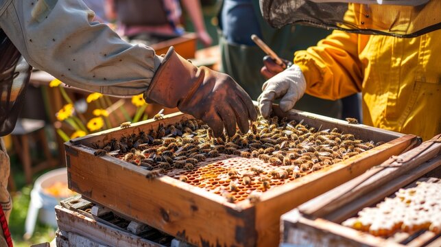 Beekeepers sharing hive products at a bustling farmers' market, delighting customers with fresh honey and beeswax. - Powered by Adobe