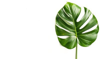 Tropical monstera leaf standing alone against a pristine white backdrop, evoking a sense of exotic paradise and lush foliage.