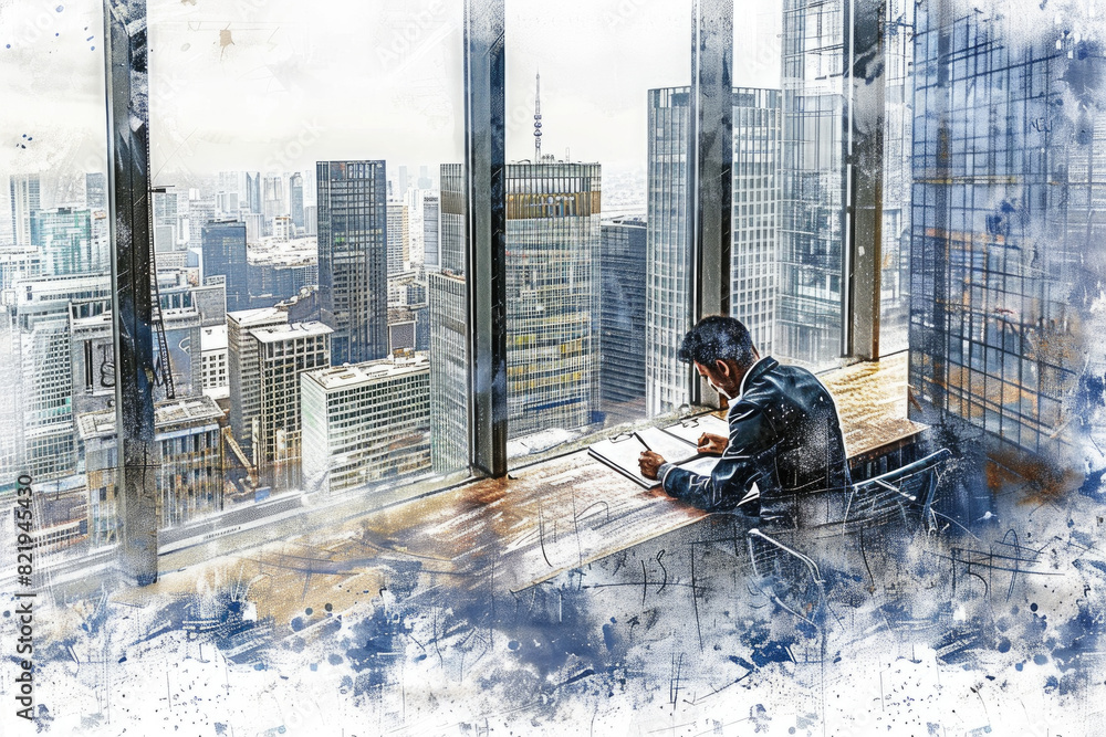 Poster a man is seated on a window sill while typing on a laptop computer