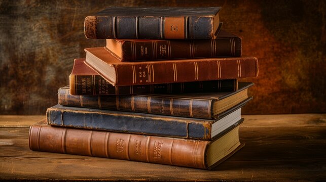 Stack of books of varying sizes and subjects, close-up view, symbolizing a wealth of knowledge, isolated background with professional studio lighting