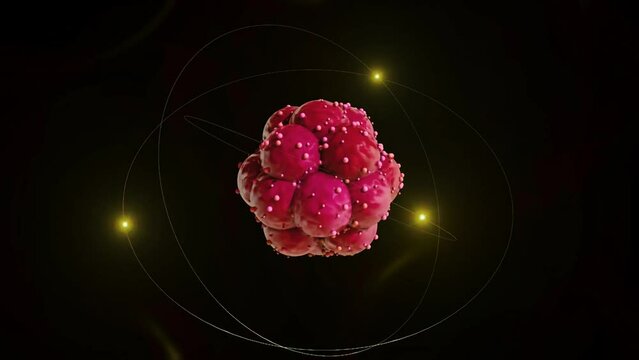 Atom with nucleus, neutrons, protons and electrons orbits glowing. Atomic structure. Concept of physics, science. 4K Animation of electrons orbiting
