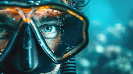Man in scuba diving mask in water - Powered by Adobe