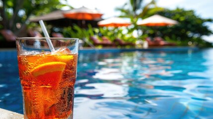 A glass of orange juice placed next to a swimming pool, under the sun