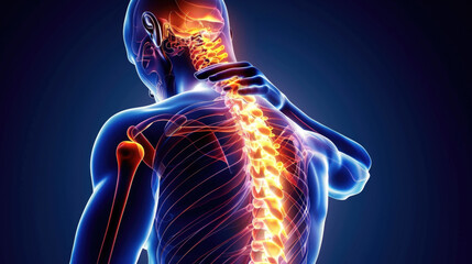 Digital illustration shows a human spine with highlighted pain points in the neck and back regions. The person is holding their neck, indicating discomfort