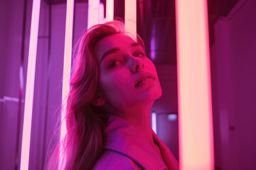 Charming woman stands in front of a vibrant purple light, creating a striking contrast against the dark background