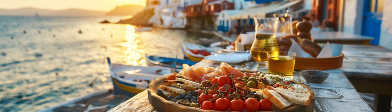 A rustic Greek island taverna with a platter of assorted meze, with the sea and whitewashed buildings creating a picturesque backdrop