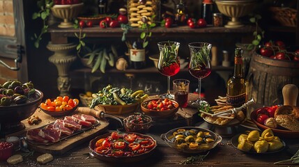 A rustic Spanish tapas bar with an assortment of small dishes and a glass of sangria, with traditional decorations and a lively ambiance