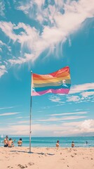 A serene beach scene with a rainbow flag planted in the sand and people enjoying a sunny day