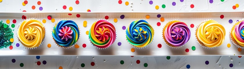 Fototapeta premium A series of pridethemed cupcakes with rainbow icing arranged on a white tray with colorful confetti