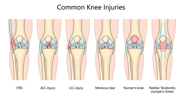 various common knee injuries, LCL injury, meniscus tear, runner's knee, and patellar tendonitis structure diagram hand drawn schematic vector illustration. Medical science educational illustration