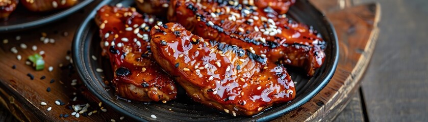 A plate of delicious Korean BBQ chicken wings. The wings are coated in a sticky, sweet and spicy sauce and are garnished with sesame seeds.