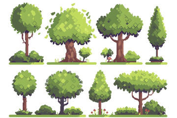 Pixel trees and bushes collection for arcade game assets isolated on white background