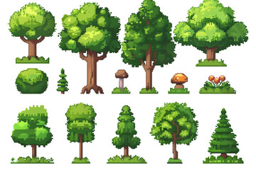 Pixel trees and bushes collection for arcade game assets isolated on white background