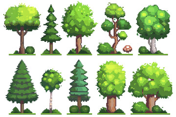 Pixel trees and bushes collection for arcade game assets isolated on white background