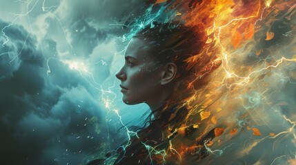Artistic portrayal of a woman's face with streams of green energy and orange fire, symbolizing a fusion of nature and passion in a surreal style.