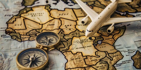 Naklejka premium Exploring Africa with a Miniature Airplane on a Map