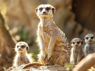 A group of vigilant meerkats protecting their home in the desert with teamwork and alertness. - Powered by Adobe