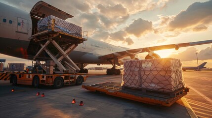 A large cargo plane being loaded with freight containers at an airport, demonstrating the critical role of air transport in international logistics for fast and reliable shipping