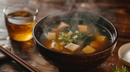 A serving of Japanese miso soup with a glass of sake